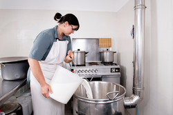 Cheese Maker pours milk into a steel container to boil it